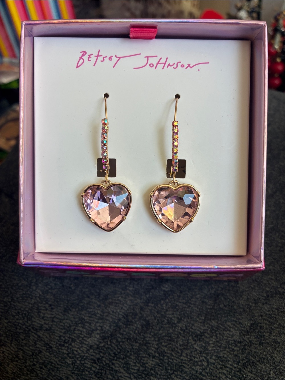 Betsey Johnson Gold-Tone Pink Heart Crystal Dangle Earrings